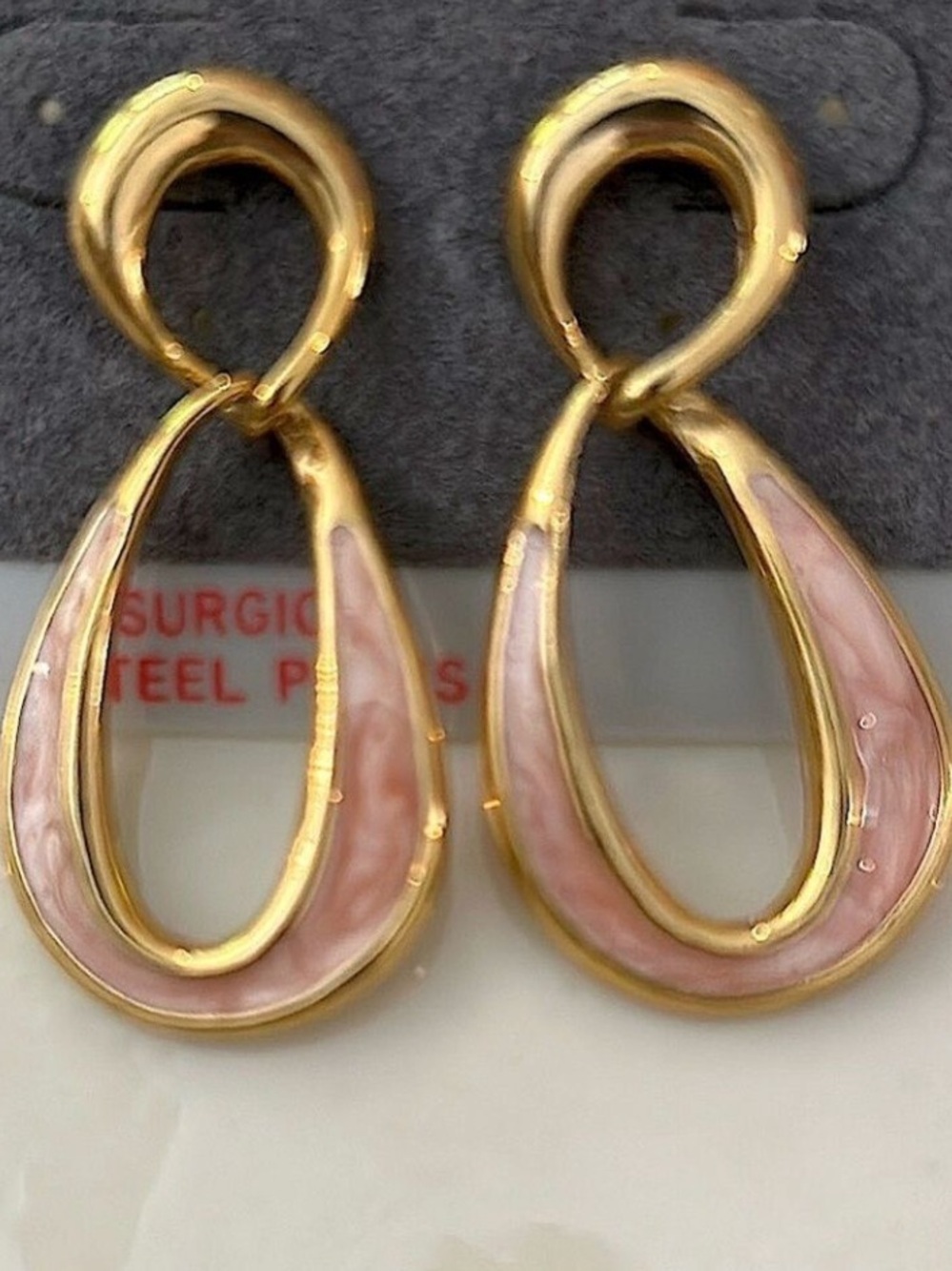 Gold Clay Pink Loop Dangle Earrings Pierced NEW Vintage Surgical Steel Post